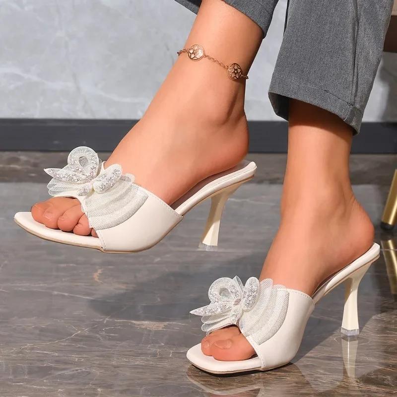 Fashion Women's Slippers Plus Size 2025 Ladies Shoes Open Toe Fashion Dress Slippers Women Square Toe Thin Heels Bow Tie Modern Sandals