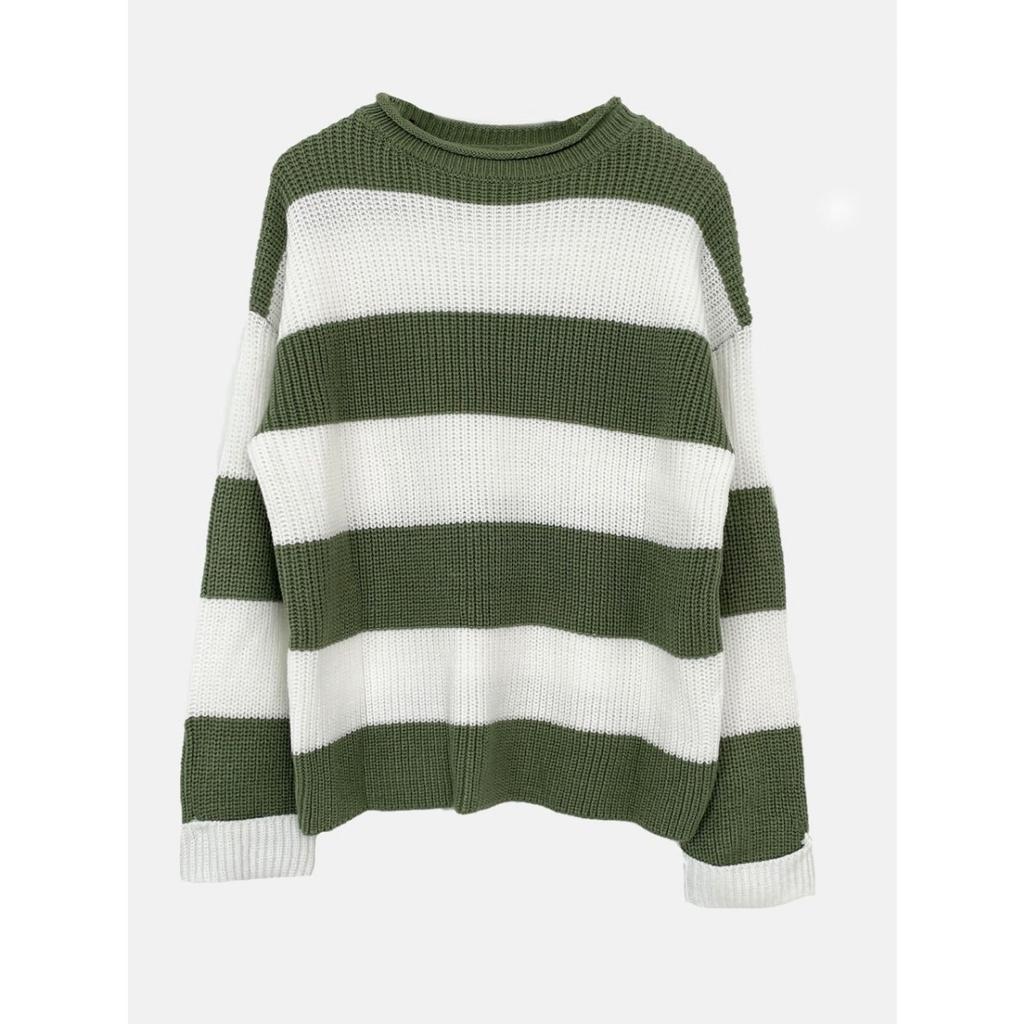 2KWEIRD Rundhals Langarm Gestreifter Pullover für Damen Mode Glockenärmel Locker Gestrickte Pullover Y2k Preppy-Stil