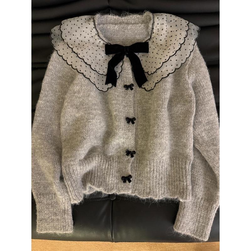 Women's Cozy Gray Knit Cardigan with Doll Collar - Korean Autumn/Winter Style