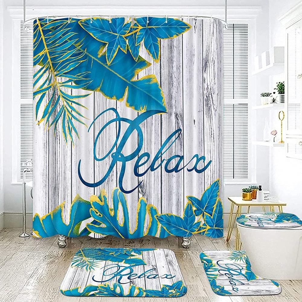 Green Leaves Shower Curtain Sets Spring Rural Plant Flower Bathroom Curtains Non-Slip Toilet Lid Cover Rug Baths Mats Home Decor
