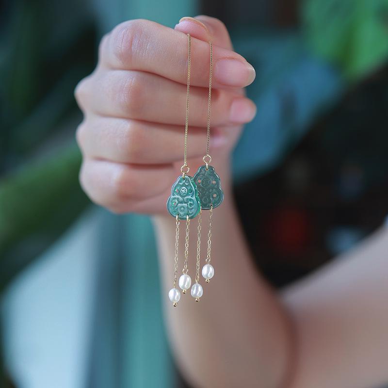 A-Grade Natural Jade Gourd Tassel Stud Earrings with 925 Silver, Gold-Plated, and Pearl Accents