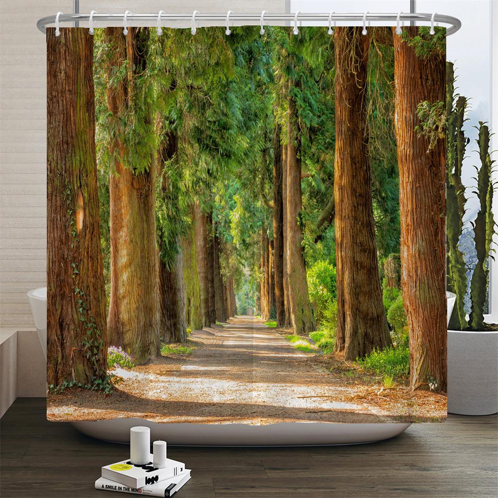 Natural Scenery Shower Curtain Set Forest Waterfall Spring Landscape Home Bathtub Decor Waterproof Polyester Bathroom Curtains