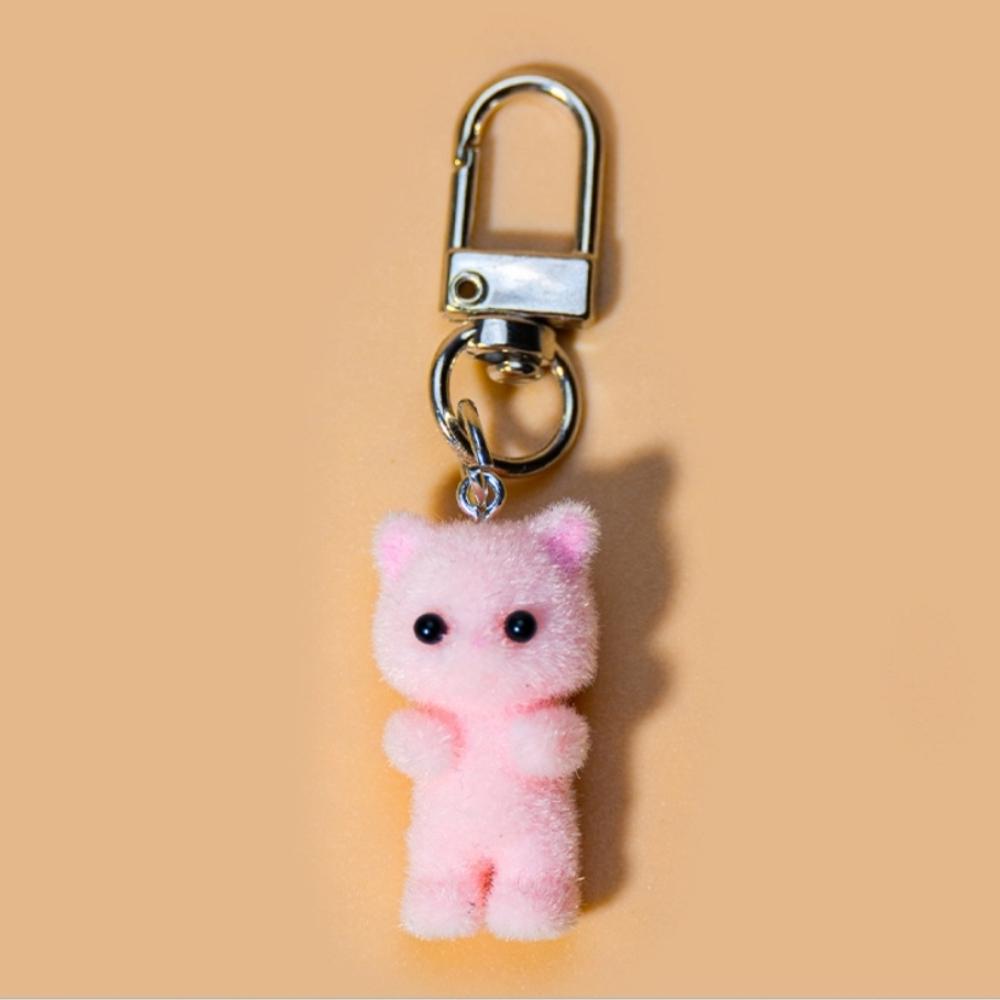 Cute 3D Flocking Kitten Keychain Simulation Animal Hobby Cartoon Doll Girl Keyring Car Bag Purse Phones Pendant Key Ring Gift
