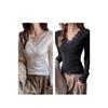 Lace Trim V-Neck Long-Sleeve Brushed T-Shirt with Cashmere Fur Lining for Women - Autumn/Winter Collection.