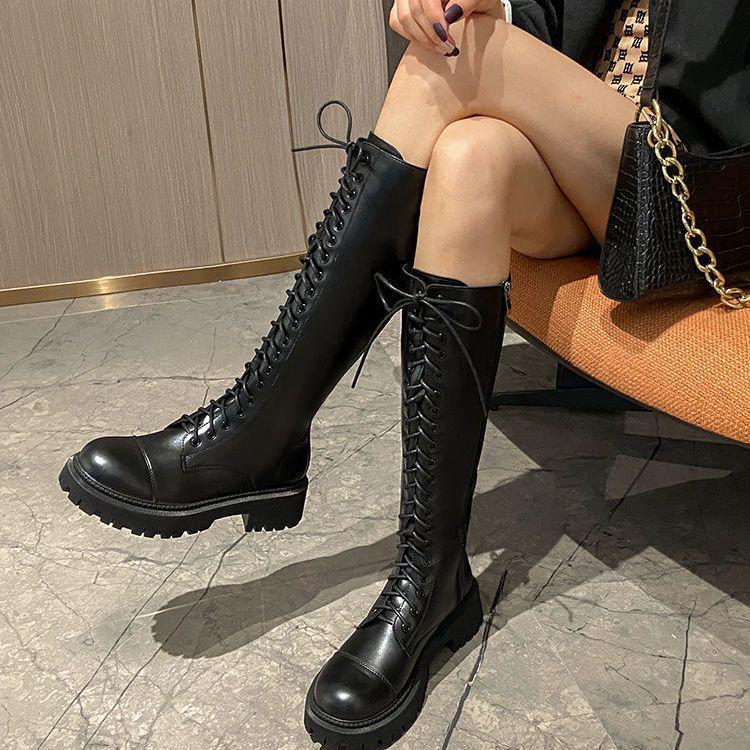 2025 Women's British Style Thick-Soled Long Knight Boots with Big Toe and Over-the-Knee Lace-Up Design.