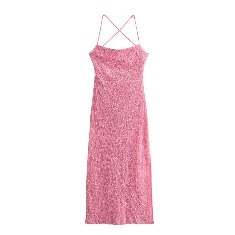 European American Women s Clothing Sexy Backless Sequined Slim Sling-length Dress S