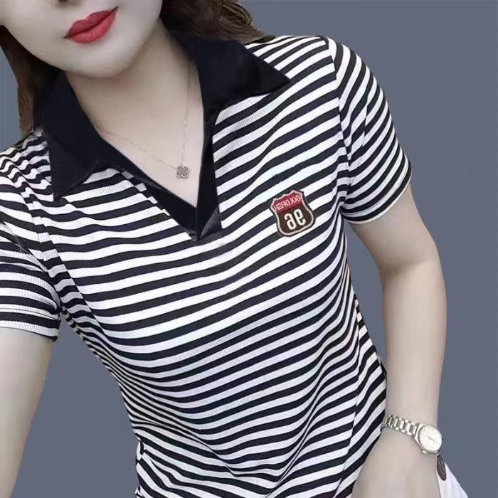 Polo Shirt Short-sleeved T-shirt Women's Summer New Striped Slim and Fashionable Versatile Top