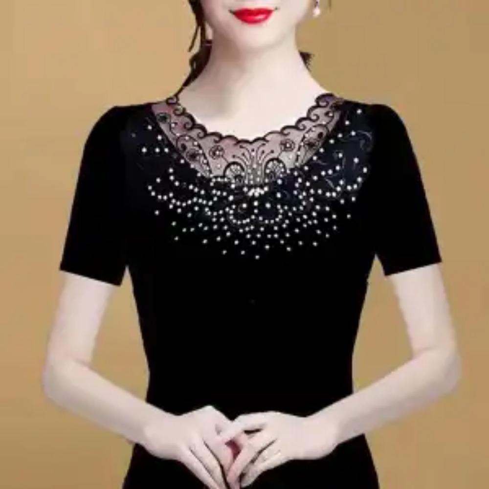 Elegant Black & Golden Floral Lace Beaded Embroidery Blouse Sheer Short Sleeve Fitted Summer Top for Women