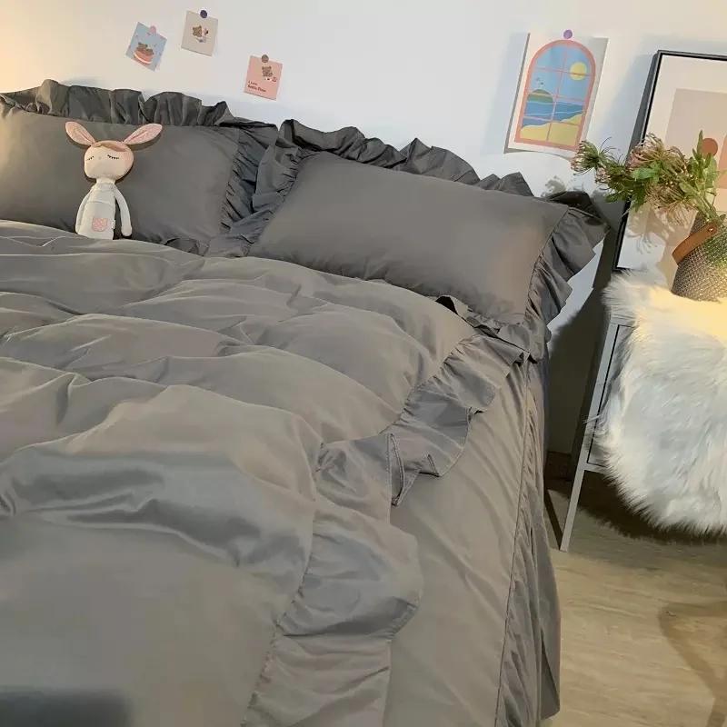 Ins Princess Style Bedding Set For Woman Cute Girl Solid Color Ruffles Duvet Cover Queen King Bed Sheet Bed Skirt Pillow Covers