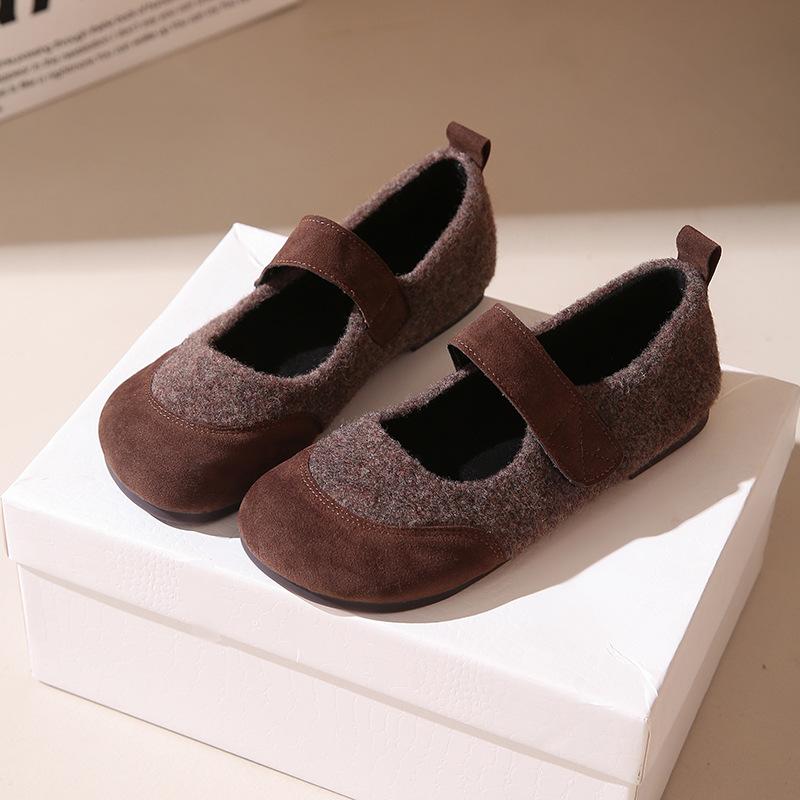 Sheepskin Version~ Retro Matte Splicing Mary Jane Single Shoes Women's Autumn New Flat-bottomed Velcro Shallow Mouth Single Shoes Tide