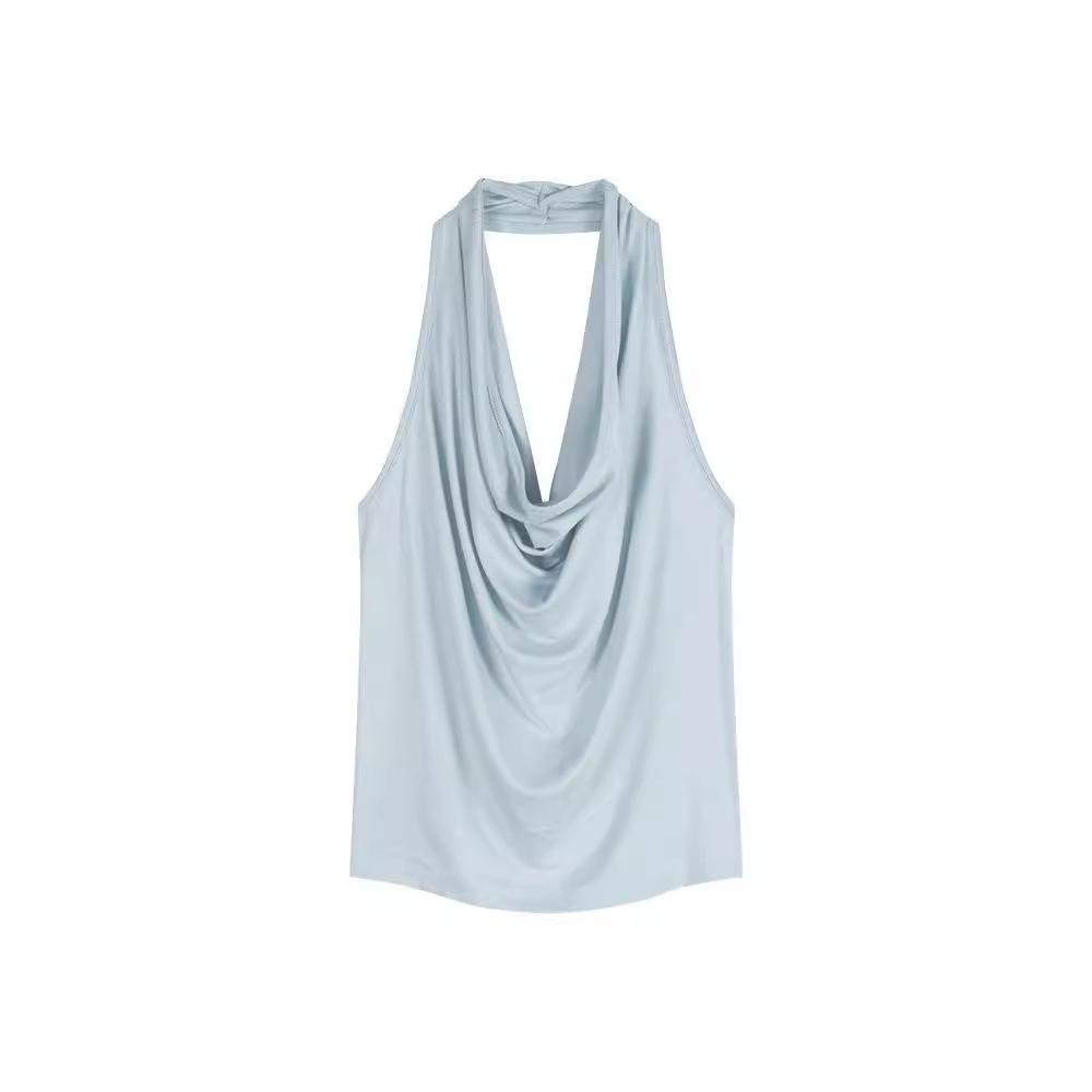 Temperament blue swinging collar neck sling vest women's summer slim spice girl design sense sleeveless backless top outer wear