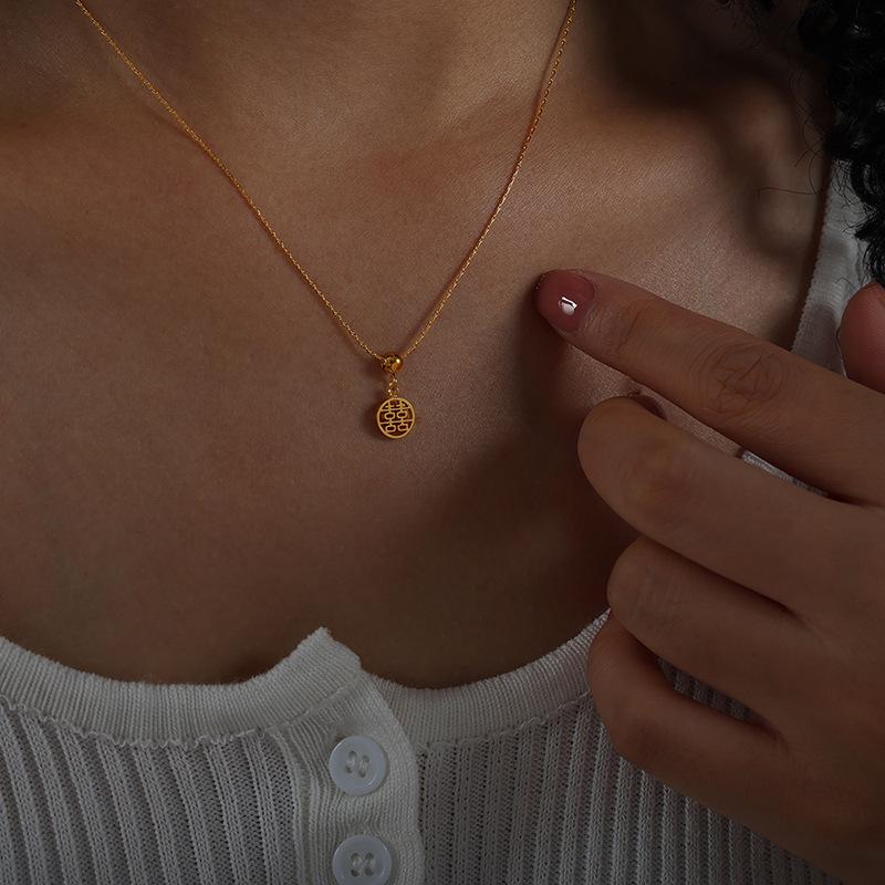 Chinese Character Pendant Necklace For Women 18k Gold Plated No Tarnish Women's Stainless Steel Chain Necklaces