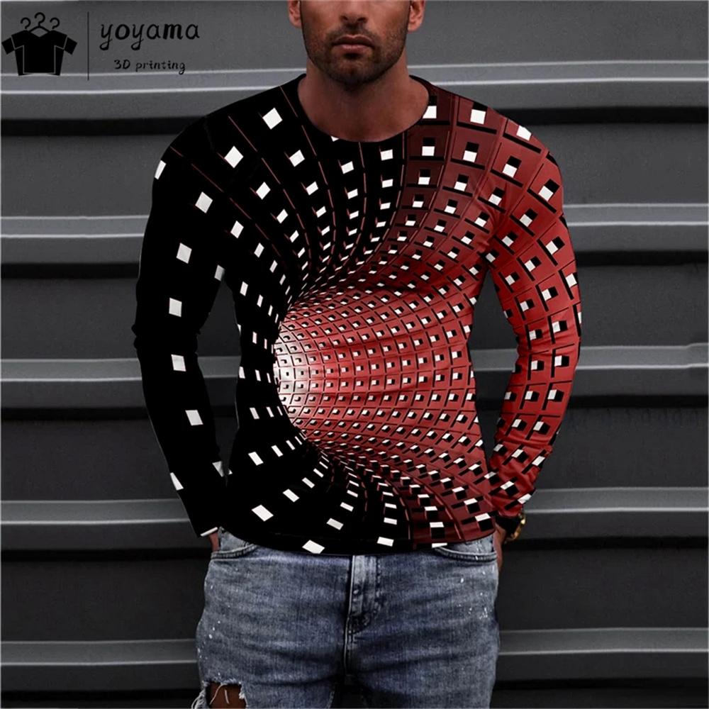 

Весенне-осенний топ с круглым вырезом и 3D геометрическим принтом, модная повседневная мужская футболка с длинным рукавом 5XL