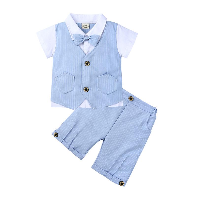 Boys' British Style Summer Suit: Short-Sleeve Cotton Shirt, Shorts & Bow Tie Two-Piece Set