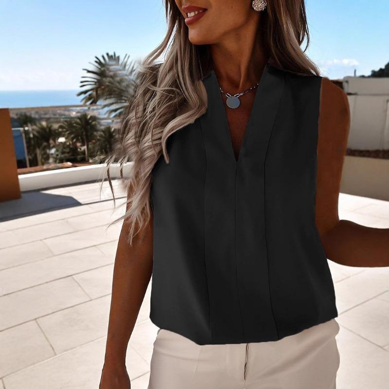 Summer V-neck Sexy Sleeveless Shirt Vest Loose Chiffon Top Elegant Fashion Solid Color Casual Simple Blouse Office Streetwear Clothing