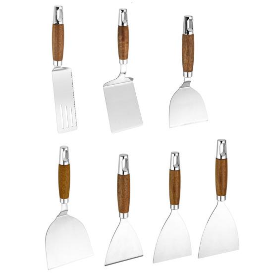 Flat Shovel Stainless Steel Slotted Spatula with Wooden Handle Heavy-Duty Turner for Steak Pancakes BBQ Heat-Resistant Essential Kitchen Tool
