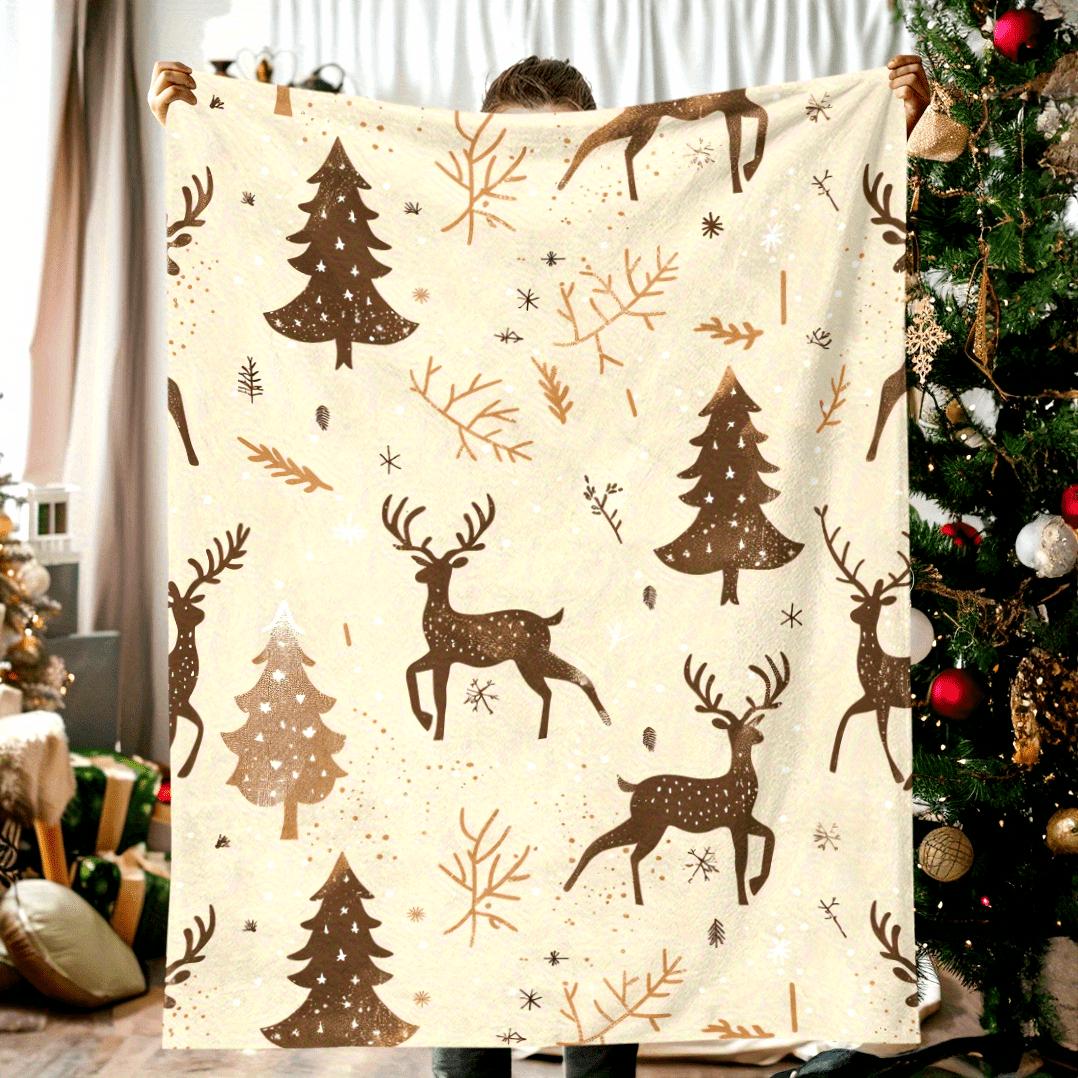 

Christmas Elk and Trees Flannel Blanket - Features a modern digital print, elk, pine tree and snowflake design for home, travel 30x40in