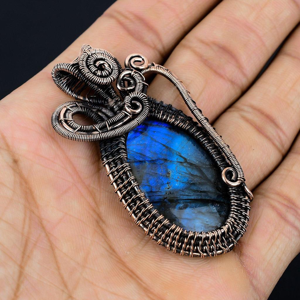 Blue Flash Labradorite Handmade Pendant, Natural Gemstone Jewelry, 999 Copper Wire Wrapped Pendant Jewelry, For Gift