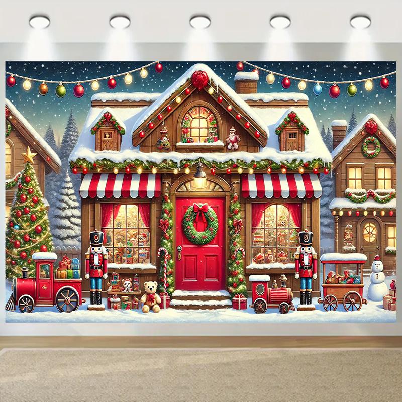 Christmas Decoration Banner: Polyester Santa Claus Workshop Scene with Nutcracker and Snowman: Multi-purpose Holiday Background