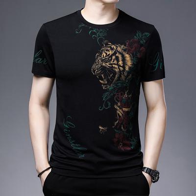 Summer Middle-aged Ice Silk Men's T-shirt Korean Style Trendy Short-sleeved Men's Fashion Print Men's Clothing
