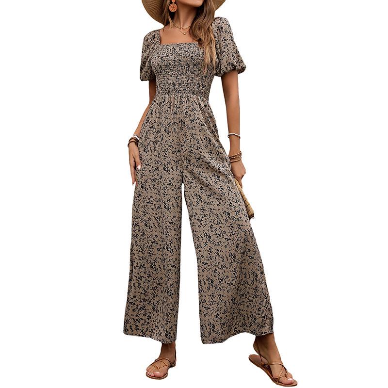 European Summer 2026 Polka Dot Ruched Square Neck Backless Short Sleeve Jumpsuit for Women