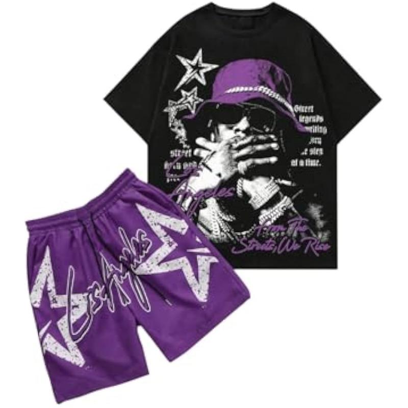 Men's 2 Piece Outfits Y2K Graphic Short Sleeve T Shirt and Drawstring Waist Shorts Set