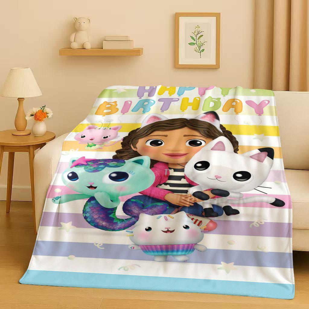

3D Cute Gabbys Dollhouse Cartoon Flannel Blanket,Ultra Soft Warm Plush Throw for Home Bedroom Bed Sofa Cover Picnic Girl Gift 75x90cm