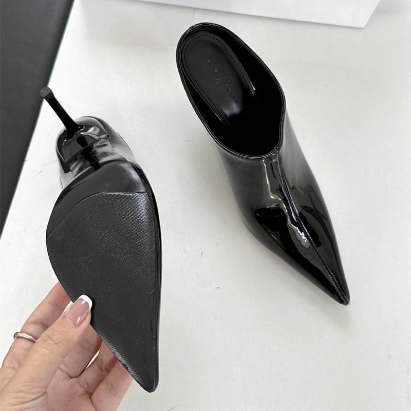 Fashion Sexy Pointy Toe Patent Leather Slippers Women 2025 Summer Elegant Thin High Heels Luxury Mules Slides Sandals Party Dress Shoes