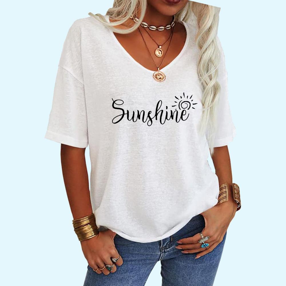 Women Fashion V CollarTee Shirt Summer Casual Letter Print Top Loose Short Sleeve T-shirt