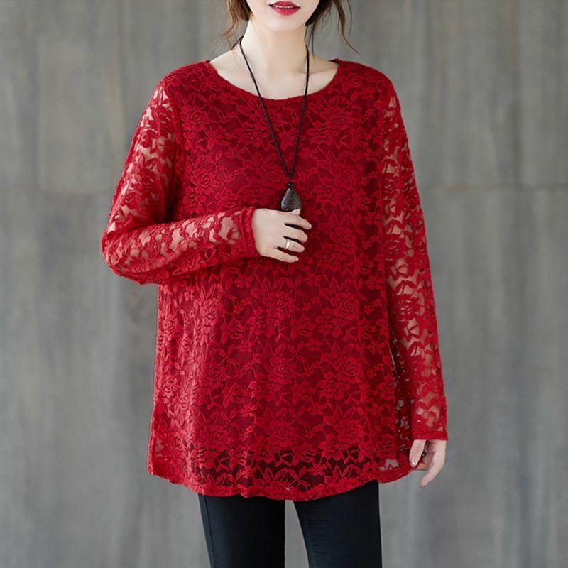 

Весна Осень Женская кружевная блузка с круглым вырезом, средней длины, свободного кроя, с ажурной отделкой, больших размеров XL