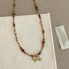 Minar Cartoon Colorful Natural Stone Pony Pendant Necklace Woven Rope Horse Collarbone Double Layers Metallic Chain Choker