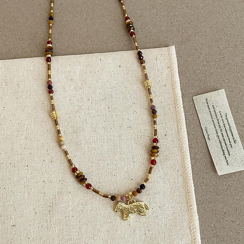 Minar Cartoon Colorful Natural Stone Pony Pendant Necklace Woven Rope Horse Collarbone Double Layers Metallic Chain Choker