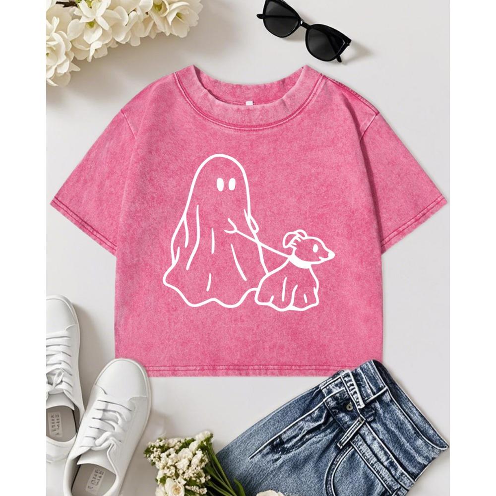 

Little Devil Leading Dog Printing Womens Washed Slim T Shirt Fashion Cotton T-Shirt Short Sleeve Crewneck Y2K Top M