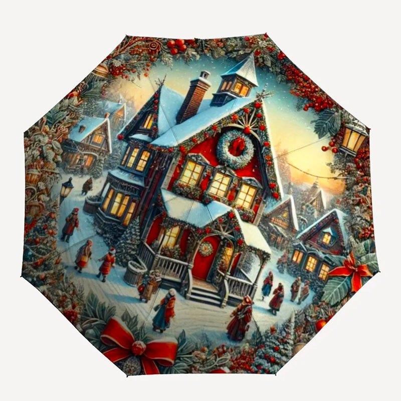 Christmas Village Scene with Snowy Houses and Festive DecorationsUmbrella with Cute Design,Portable 3-Fold Compact Umbrella for Men&Women,Va
