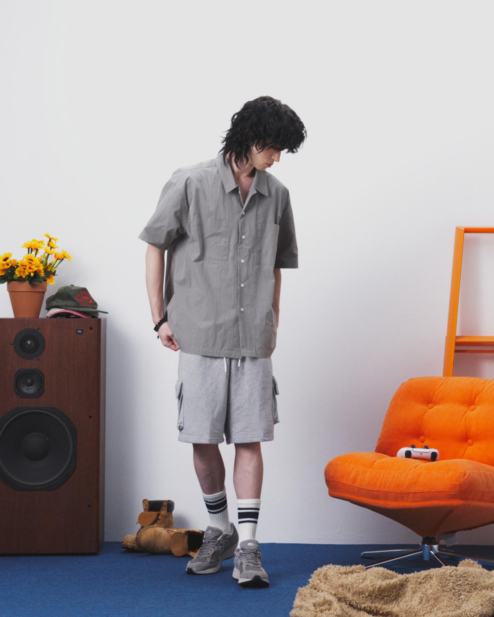 And Again Minimal Cotton Pocket Shirt (Gray) M