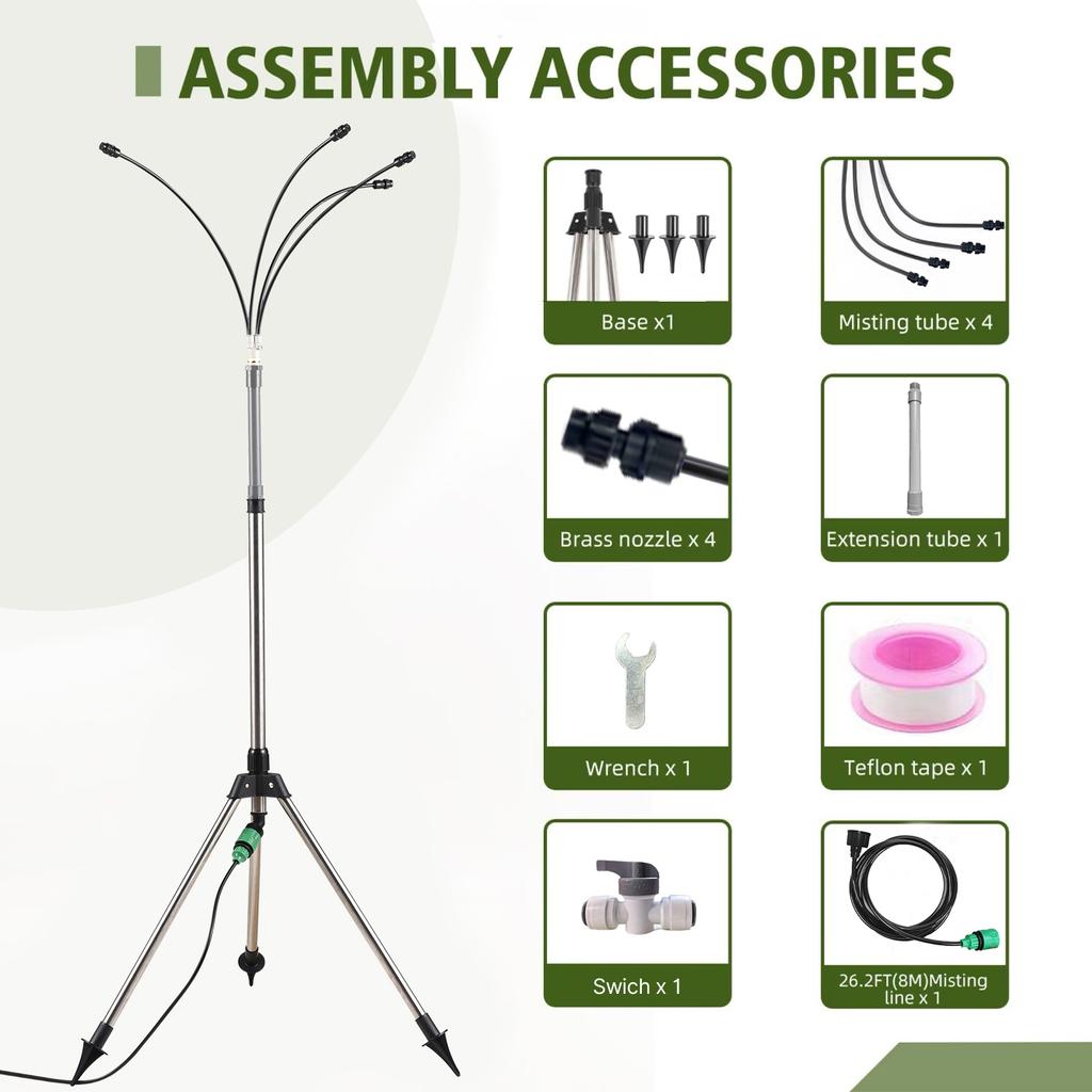 Outdoor Water Misting Cooling System 4 Heads 26Ft/8M Line 360 Degree Tube 3/4 Hose Plug Misters