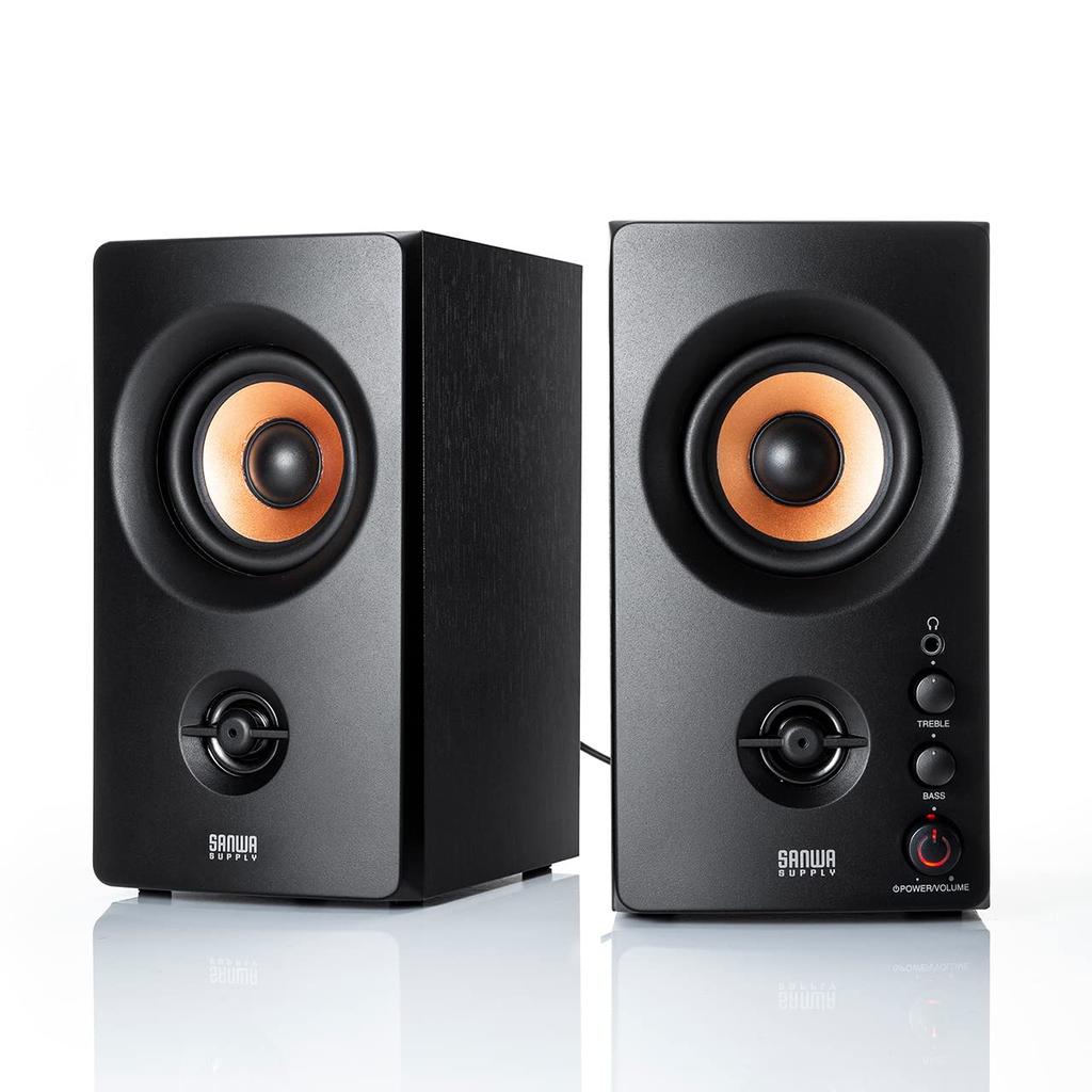 Sanwa Direct PC Wooden AC Compact Stereo Speakers for Monitor Speakers, 30W, 3.5mm Wired, Frame, Built-in Amplifier, Power, TV, PC, (Model 400-SP107)