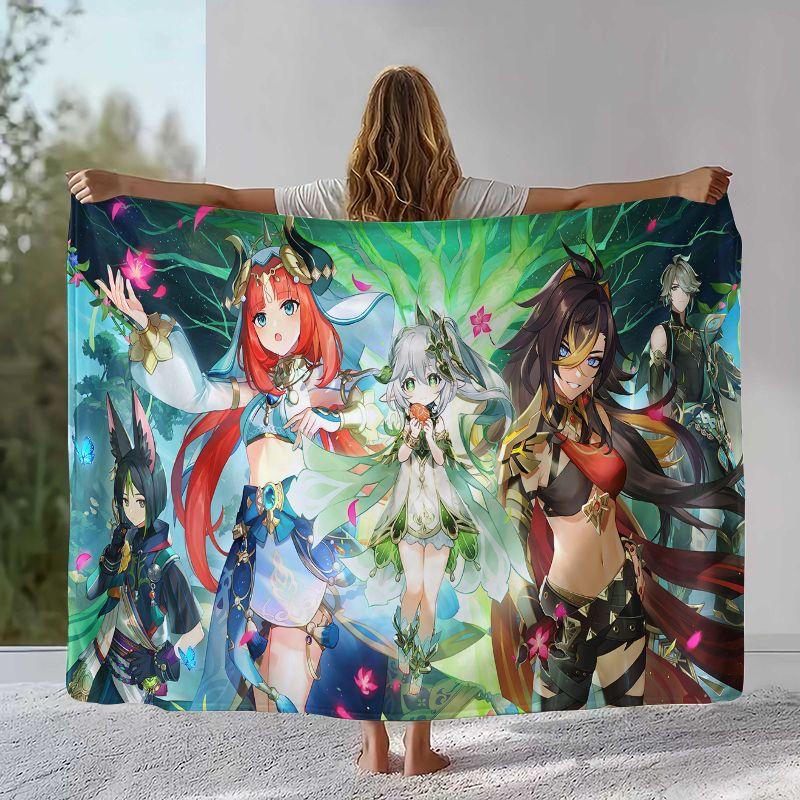 Classic Game Genshin Impact Cartoon Flannel Blanket,Ultra Soft Warm Plush Throw for Home Bedroom Bed Sofa Cover Office Camping
