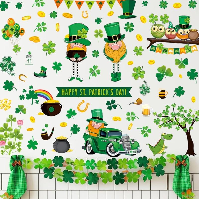 PVC-dekal Klistermärken St Patrick's Day Dekorationer Klistermärken med Klöver Småfolk Design för Fönster Spegel Glasdörr Dekorer