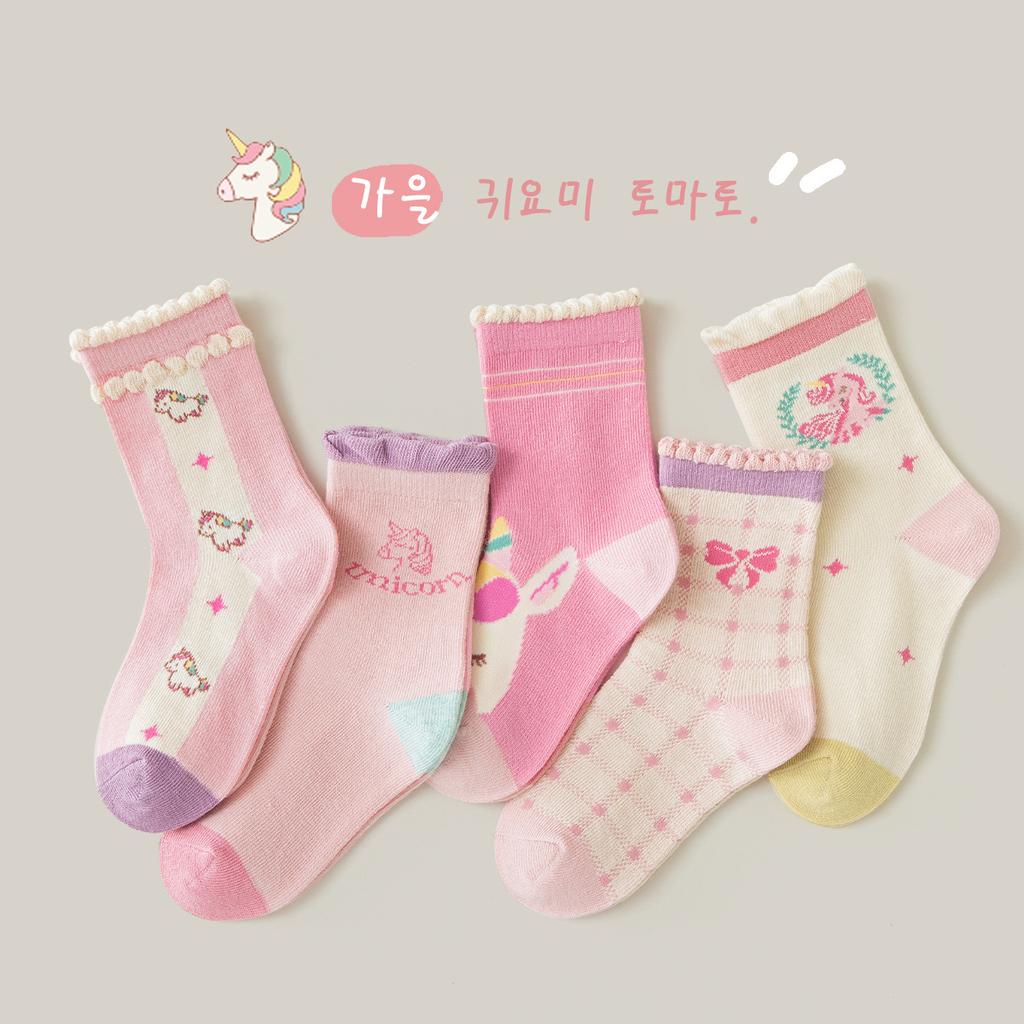 5 Paar Kinder Socken Herbst Baumwollsocken Mädchen Mid-Calf Socken Lila Einhorn Cartoon Socken Mädchen Niedliche Muster Socken