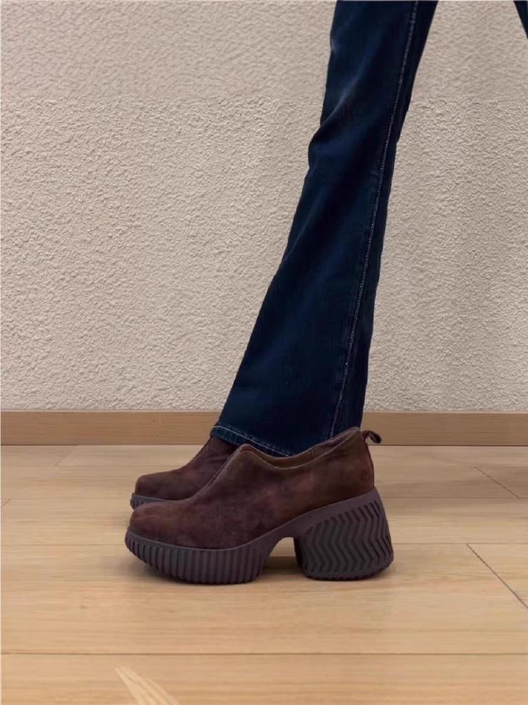 Women Chunky Loafers Retro Elegant Suede Round Toe Platform High Heel Shoes Fashion Versatile Slip on Soft Pumps Mujer Zapatos