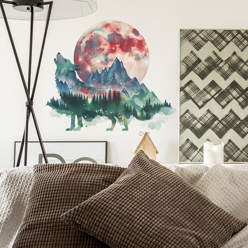 Howling Wolf at Moon Mountain Forest Wall Sticker Self-Adhesive Removable Bedroom Living Room Hallway Dorm Nature Landscape Home Decor Art