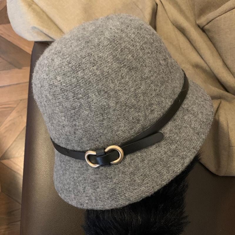 Belt Buckle Wool Hat For Women Gray Autumn Winter Simple Cloche Bucket Hat French Style Hepburn Classic Daily Fisherman Cap