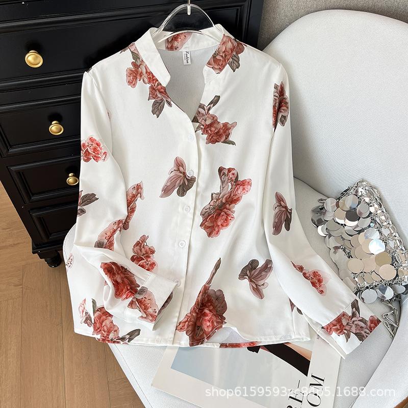 

Реальное фото Французский темпераментная рубашка с принтом женская ранняя весна 2025 новая рубашка с воротником-стойкой специального дизайна топ XXXL [Recommended 138-75kg]