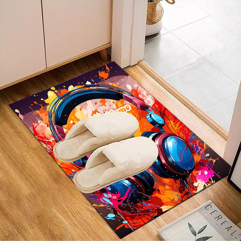 1PC Custom Name Music Headphones Artwork Theme Floor Mat Ideal for Living Room, Game Rooms, Office, Bedroom,Floor Mat Playful Design