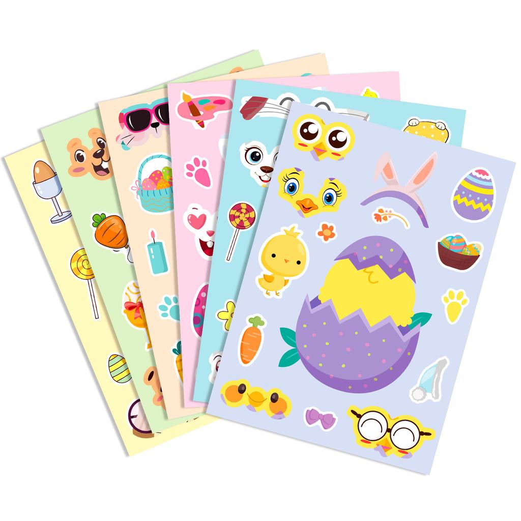 6 Photos/pack of Rabbit Eggs Easter Children's DIY Face-changing Stickers Cute Puzzle Stickers