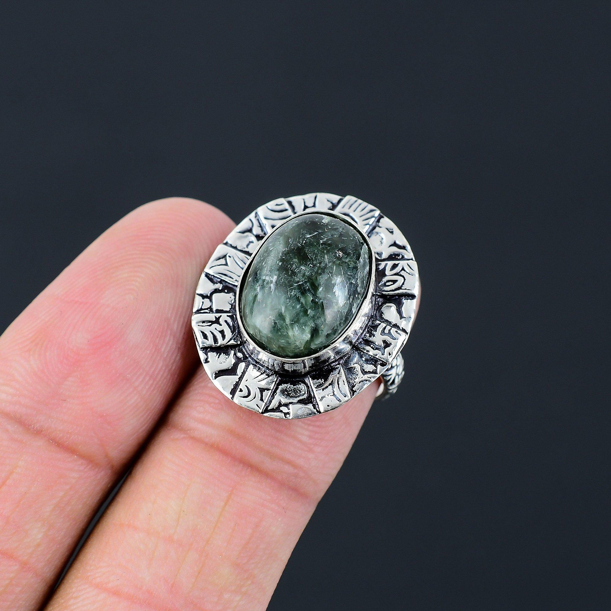 Sterling Silver Oval Seraphinite Gemstone Stackable Artisan Ring Jewelry US 6.5 6.5
