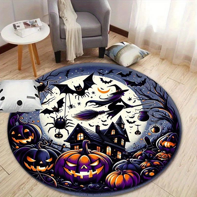 

1pc Soft, Absorbent & Non-Slip Pumpkin and Flying Witch Round Rug, Perfect for Entryway, Living Room, Bedroom Decor, Machine Washable Flanne 80cm by 80cm