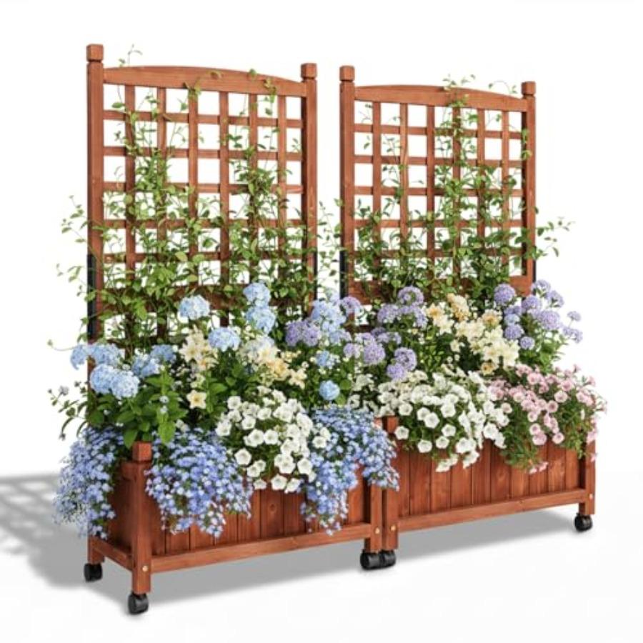 

50 Height Wooden Planter with Trellis and Wheels for Garden Patio Balcony Free-Standing Elevated Planter Box with Drainage Hole United States