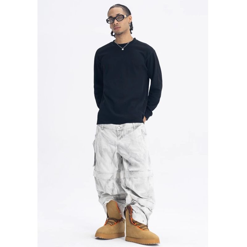 American Street Heavy Weight Round Neck Street Hip-Hop Loose Pure Color Bottoming Men's Heavy Weight Waffle Basic Long Sleeves T-shirt